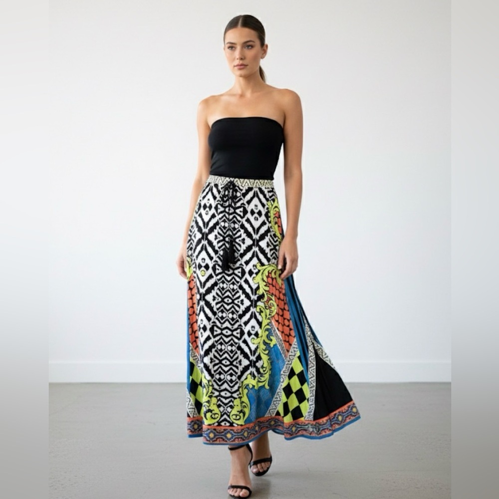 Flying Tomato - Black, Yellow, Lime Green Maxi Skirt, small, tie waist